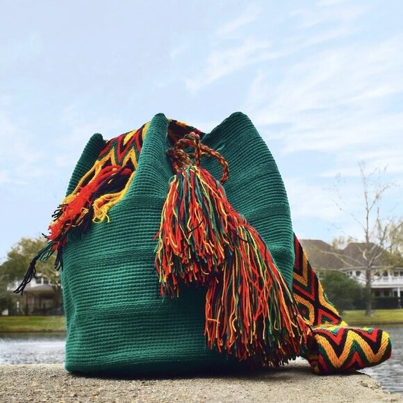 Authentic 100% Wayuu Boho Mochila Colombian Crossbody Bag Big Dark Green Tassels - Picture 2 of 11